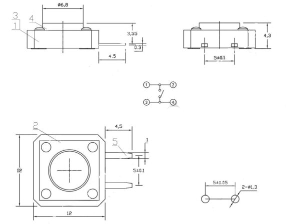 HY-1103V Tactile Switch 12mm12mm5mm Drawing