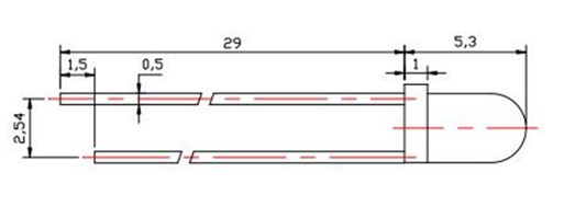 3mm Green LED Long Legs 29mm drawing