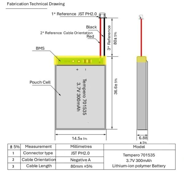 701535 (3.7V 300mAh) Fabrication Technical Drawing Connector